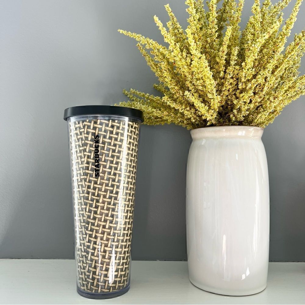 Starbucks Tumbler Cup Venti Cold Drink Burlap Woven Basket Weave Acrylic Cup NWT